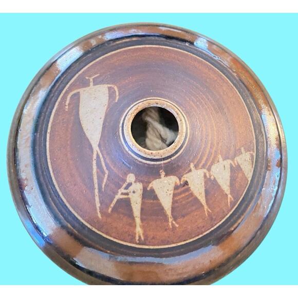 Vintage Marsha Franklin Tribal Artisan Pottery Oil Lamp Petroglyphs Signed - Picture 1 of 11